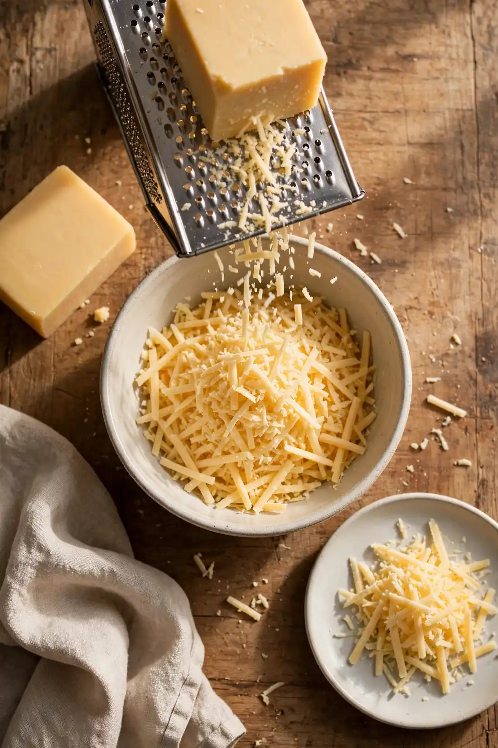 Fresh cheese grated over a bowl