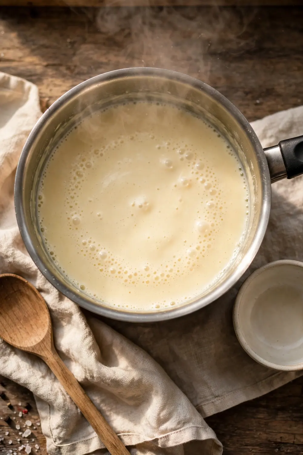 Cheese sauce simmering gently in a saucepan