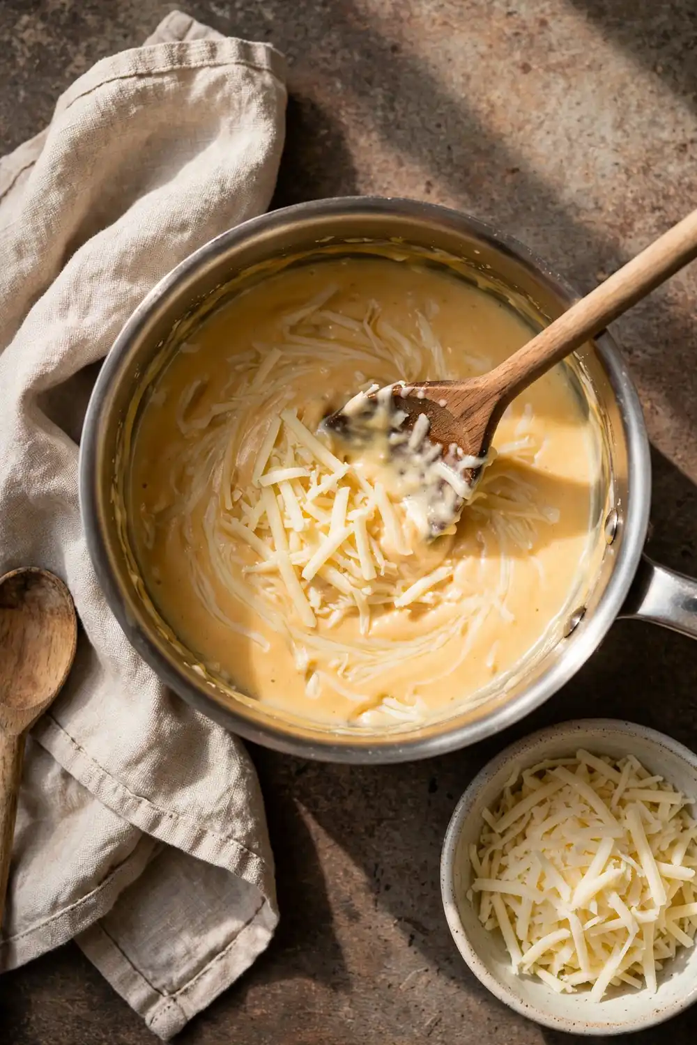 Shredded cheese stirred into warm sauce