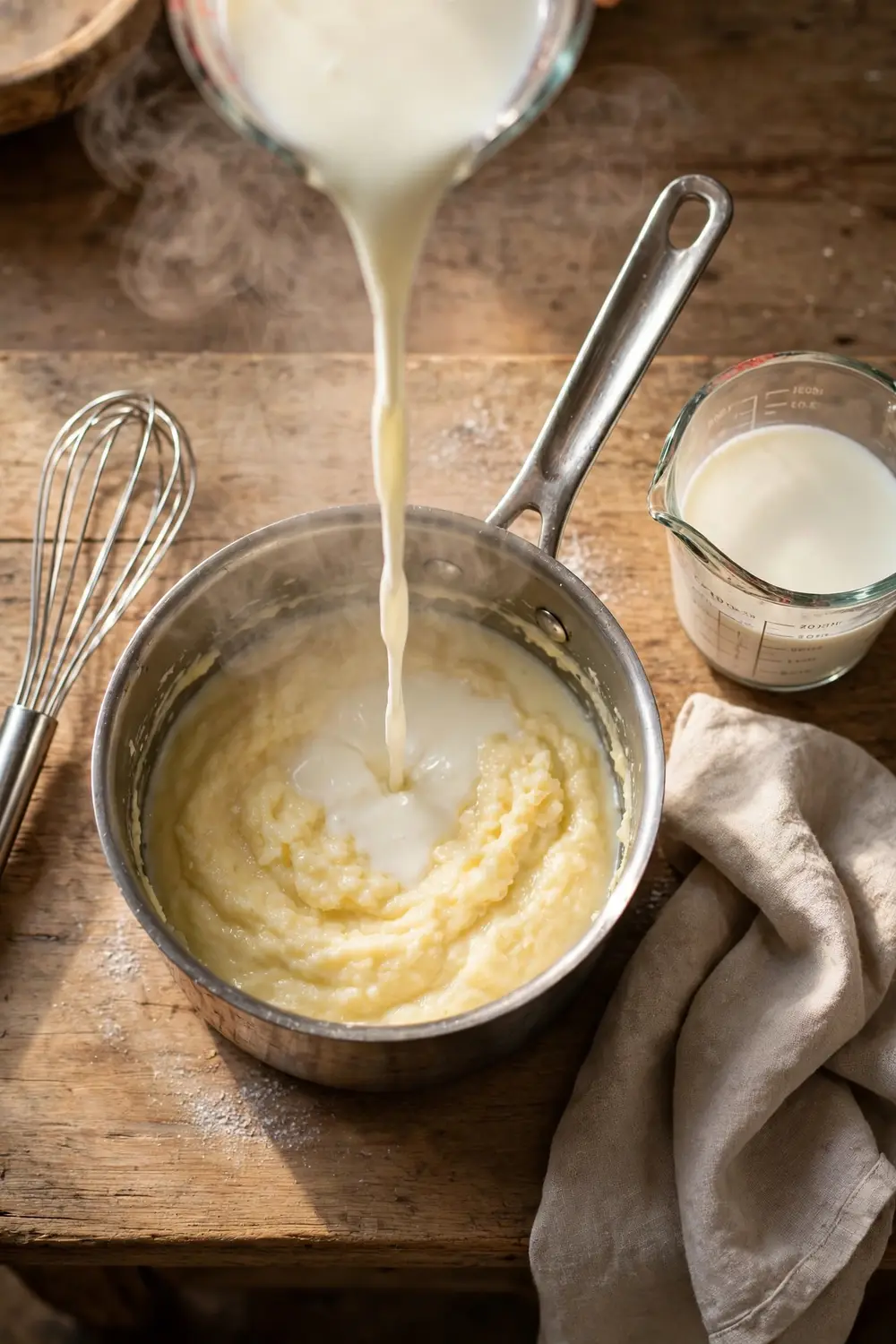 Warm milk poured into a saucepan of roux