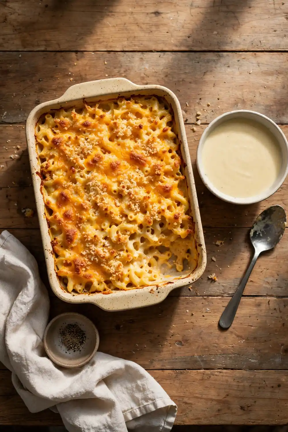 Mac and cheese beside smooth creamy sauce