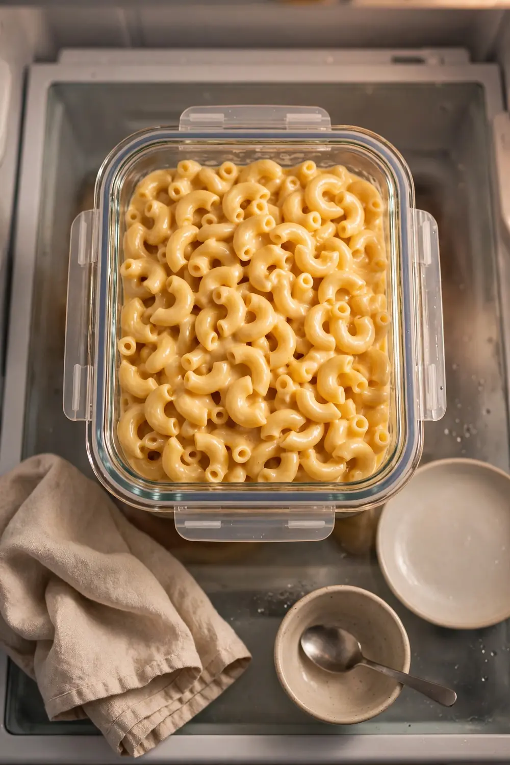 Mac and cheese in a sealed glass container