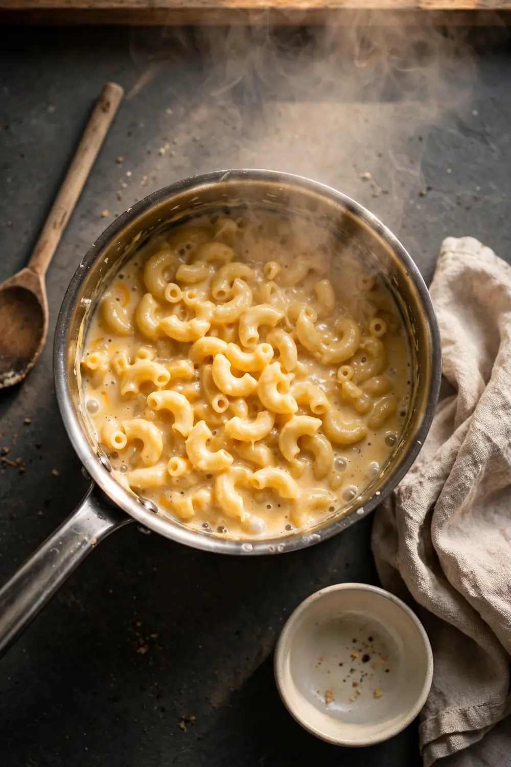 Mac and cheese reheated gently in a saucepan