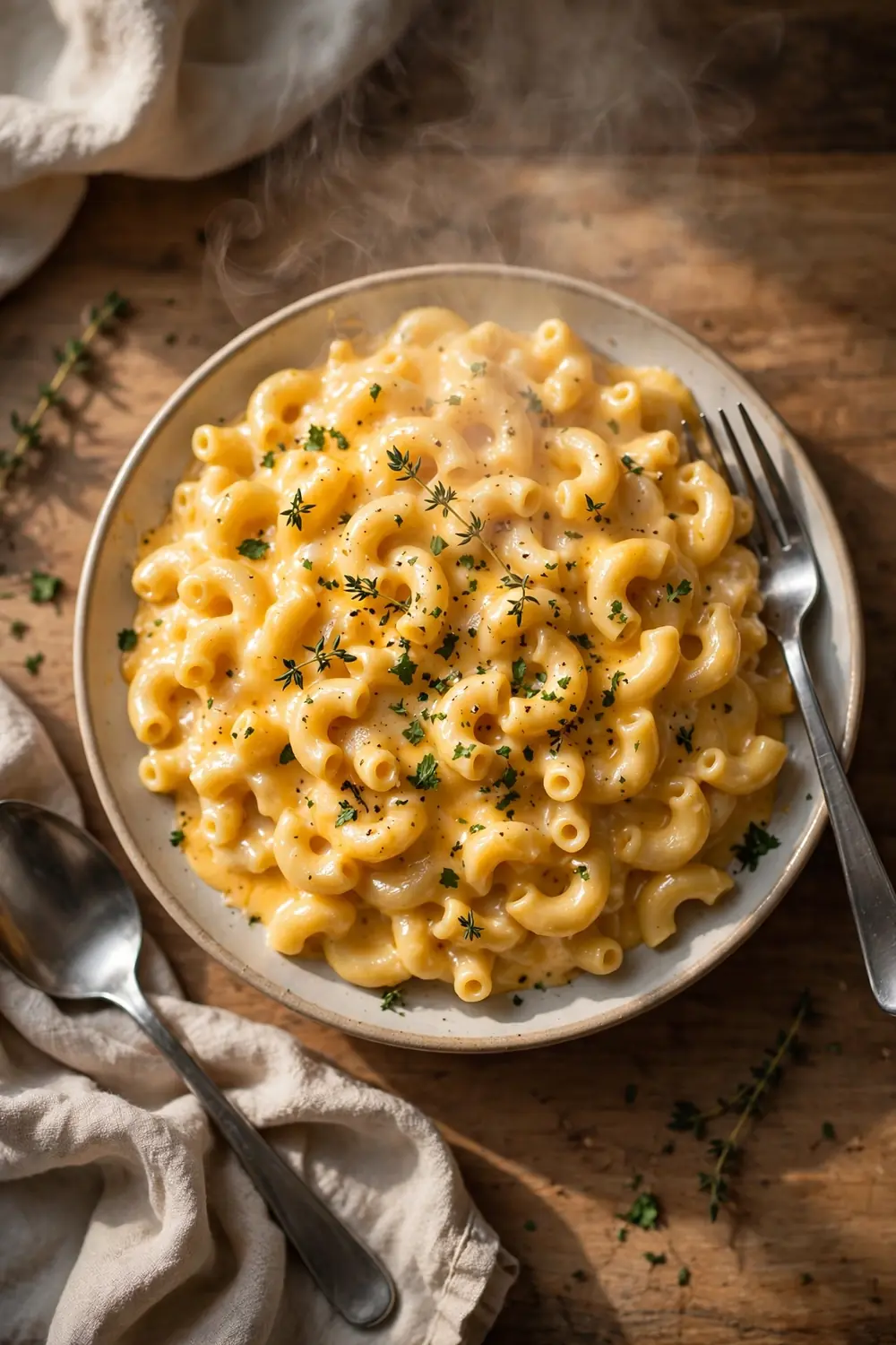 Perfect mac and cheese served on a round plate