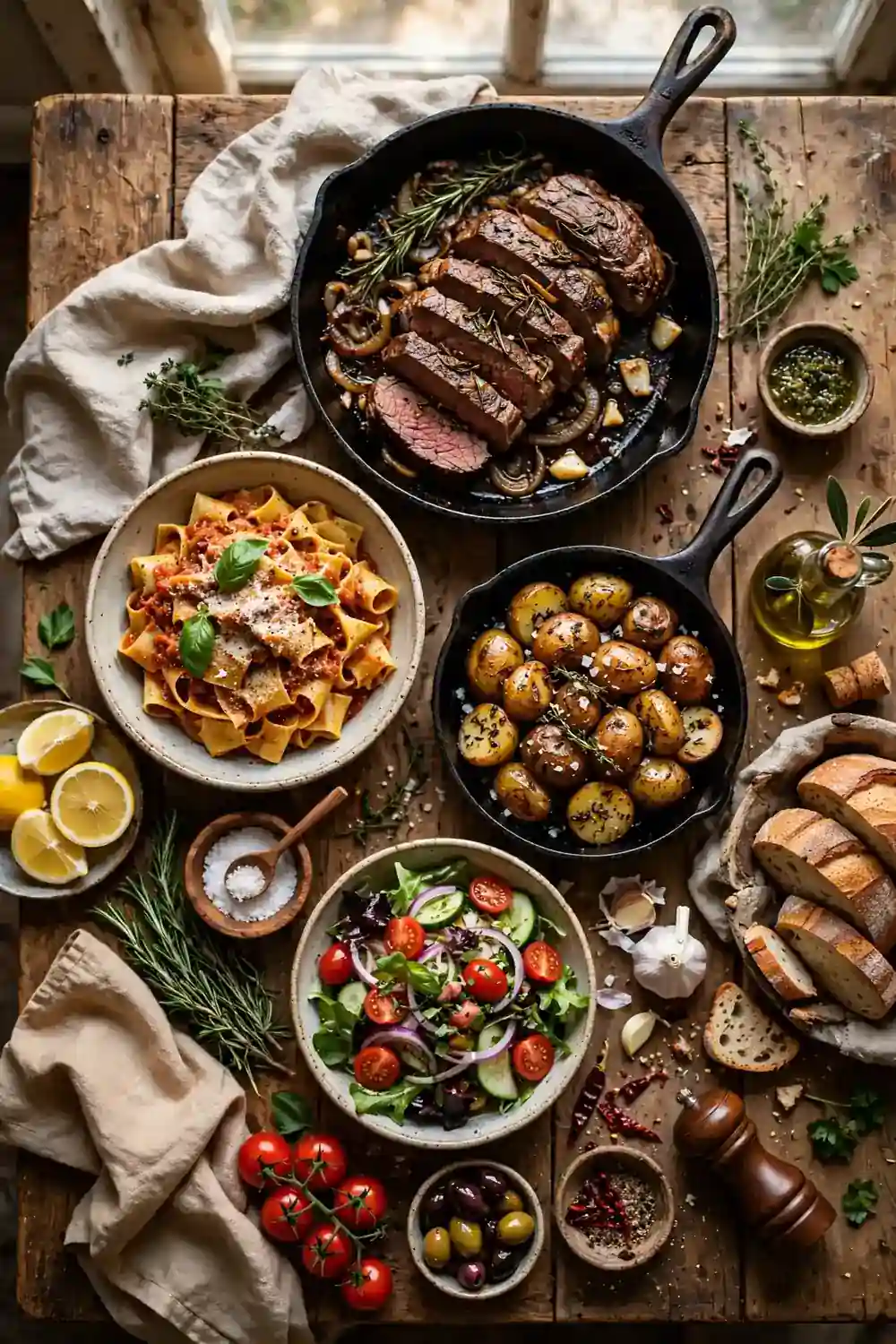 Family style beef dinner spread with skillets and pasta on a rustic table