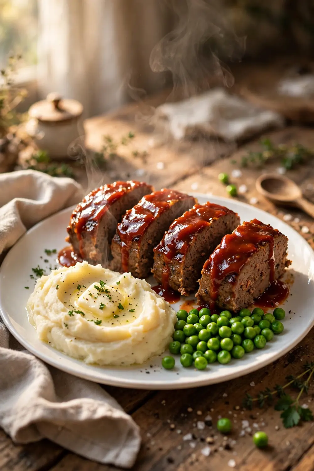 Sliced classic beef meatloaf with ketchup glaze and mashed potatoes