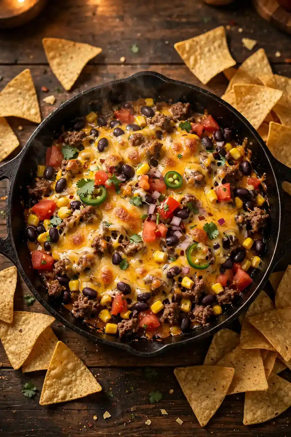 Cheesy taco beef skillet with melted cheddar and tortilla chips