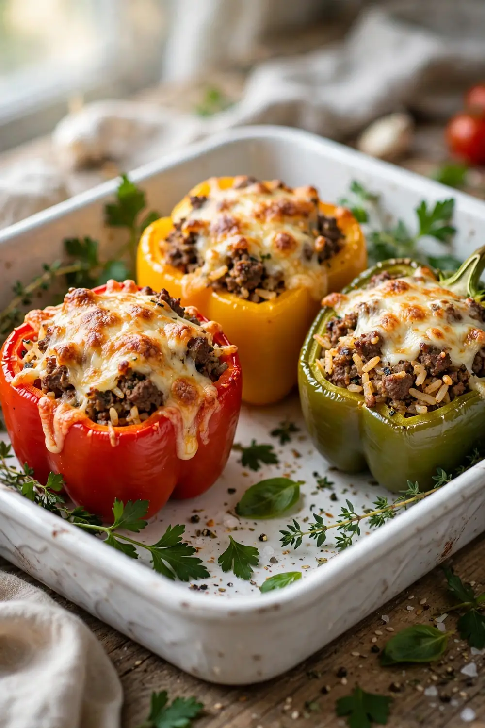 Colorful stuffed bell peppers with beef rice filling and melted cheese