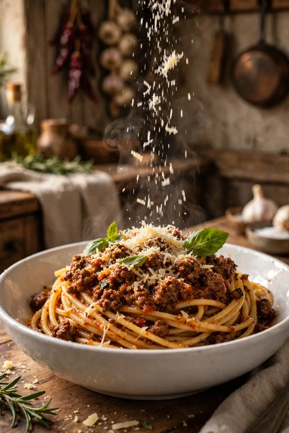 Spaghetti with rich beef bolognese sauce and parmesan
