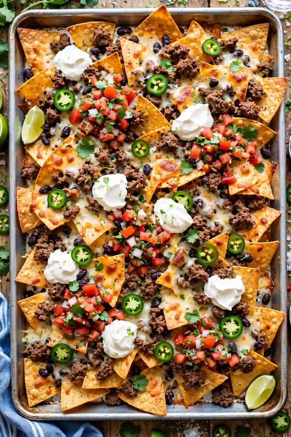 Sheet pan loaded nachos with seasoned beef and melted cheese