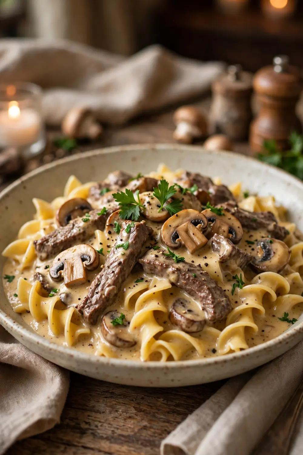 Creamy beef stroganoff over egg noodles with mushrooms