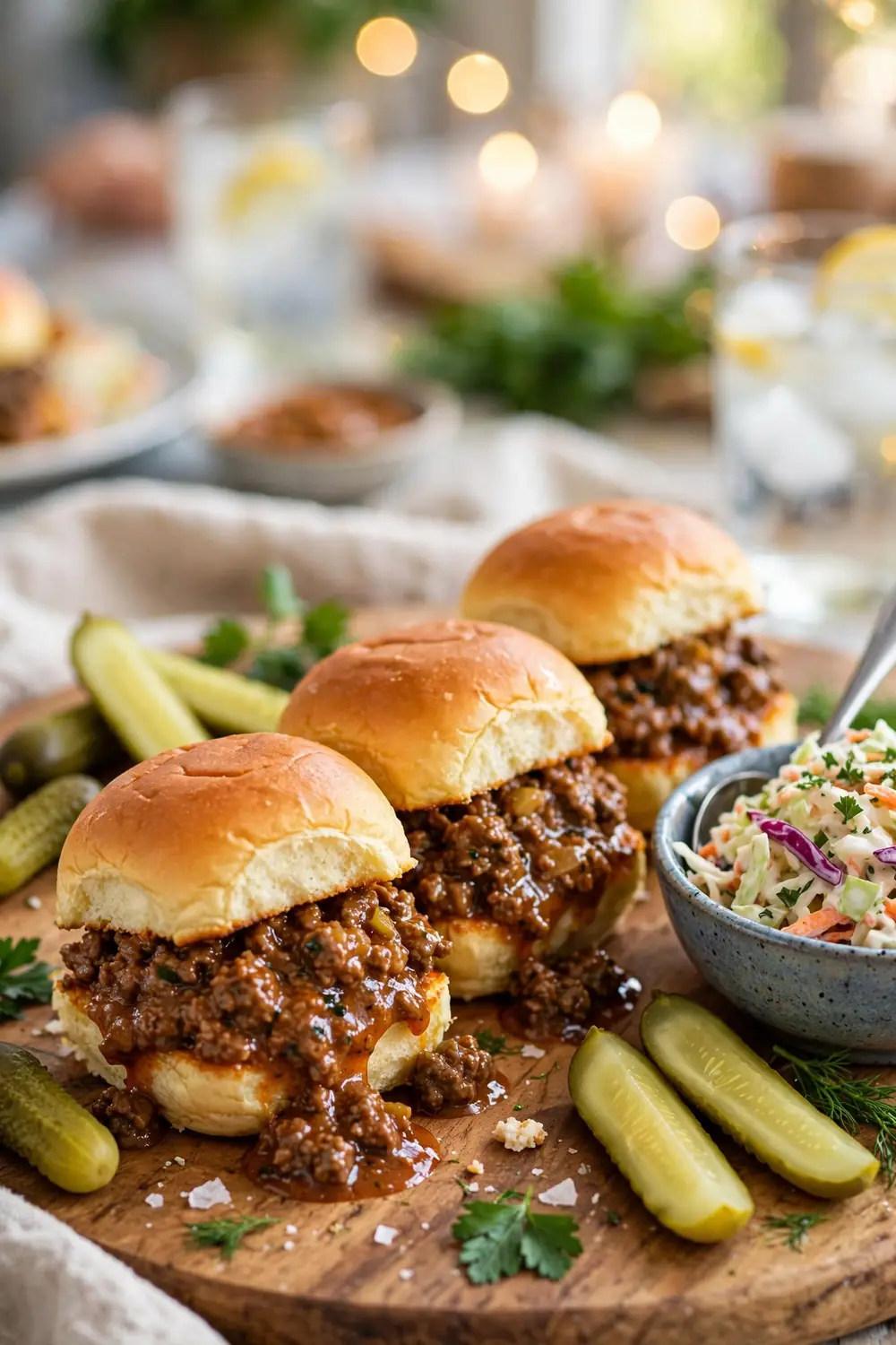 Mini sloppy joe sliders on brioche buns with pickles