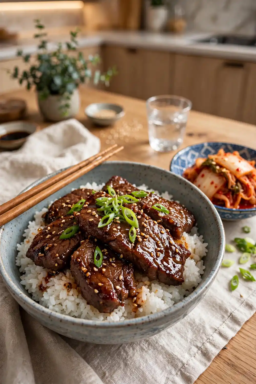 Korean style beef rice bowl with sesame seeds and kimchi