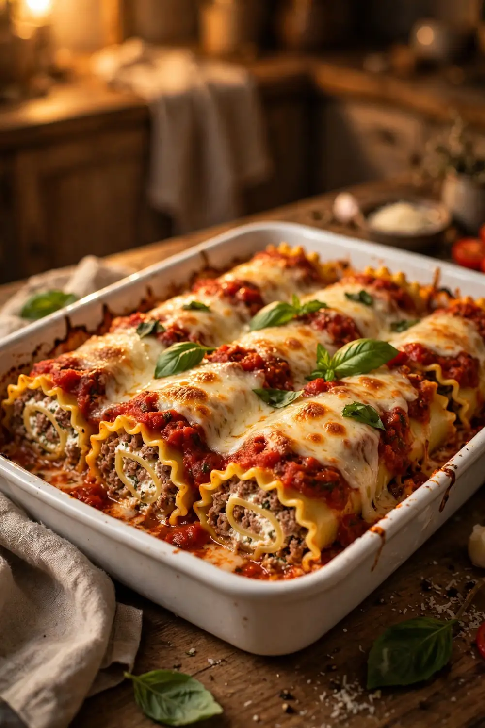 Lasagna roll ups with ricotta and beef in marinara sauce