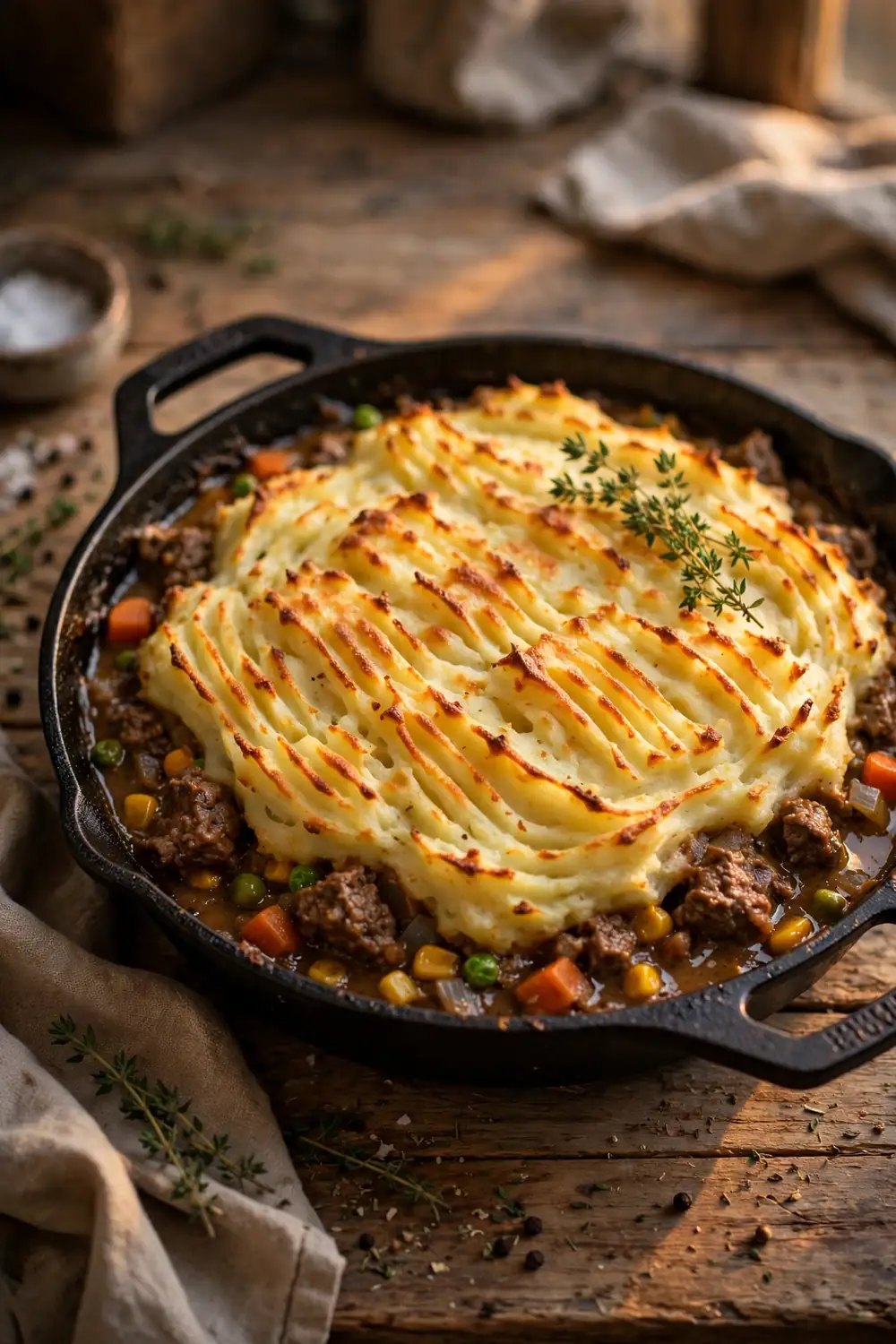 Shepherd's pie in a cast iron skillet with golden potato topping