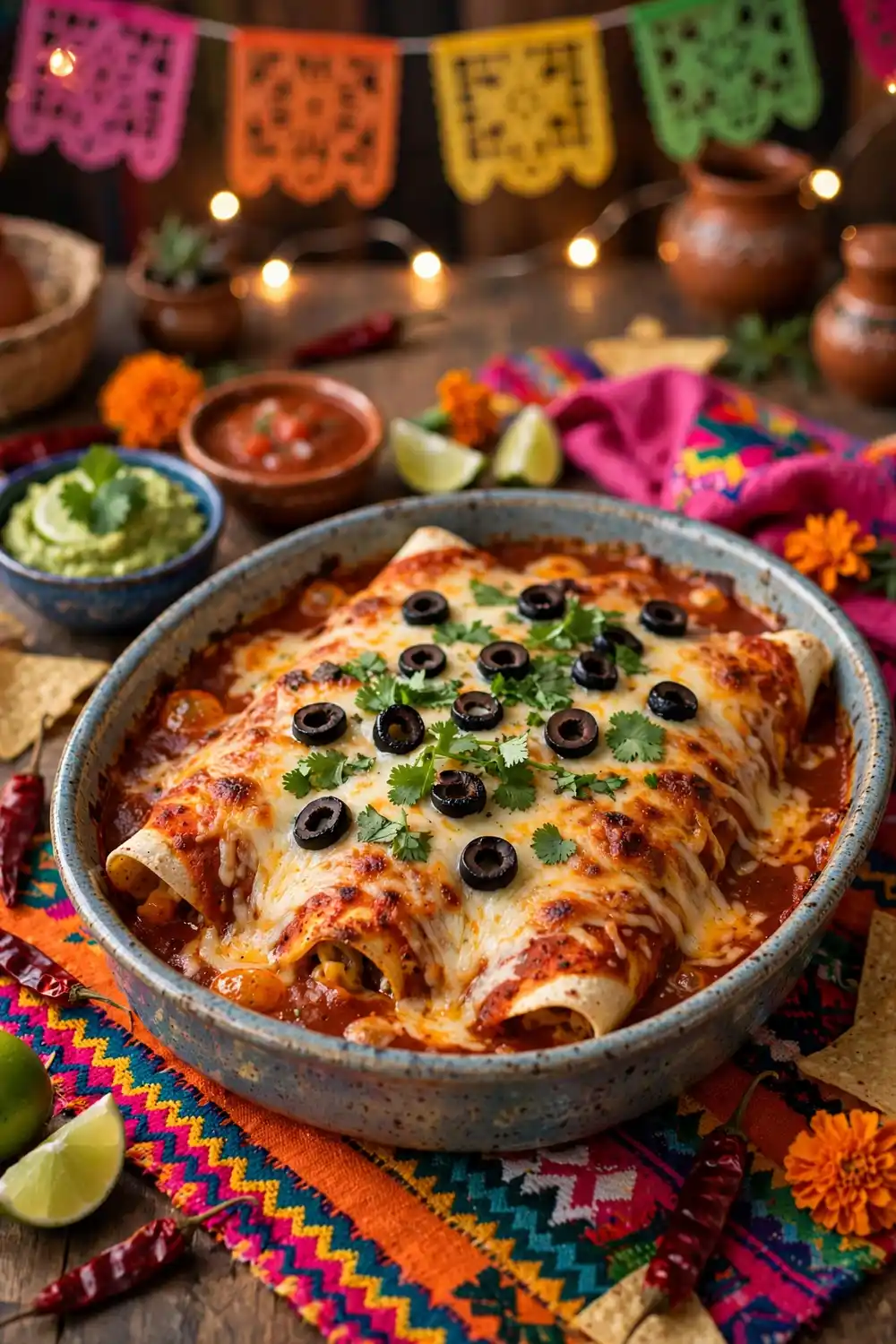 Beef enchilada bake with melted cheese and red sauce