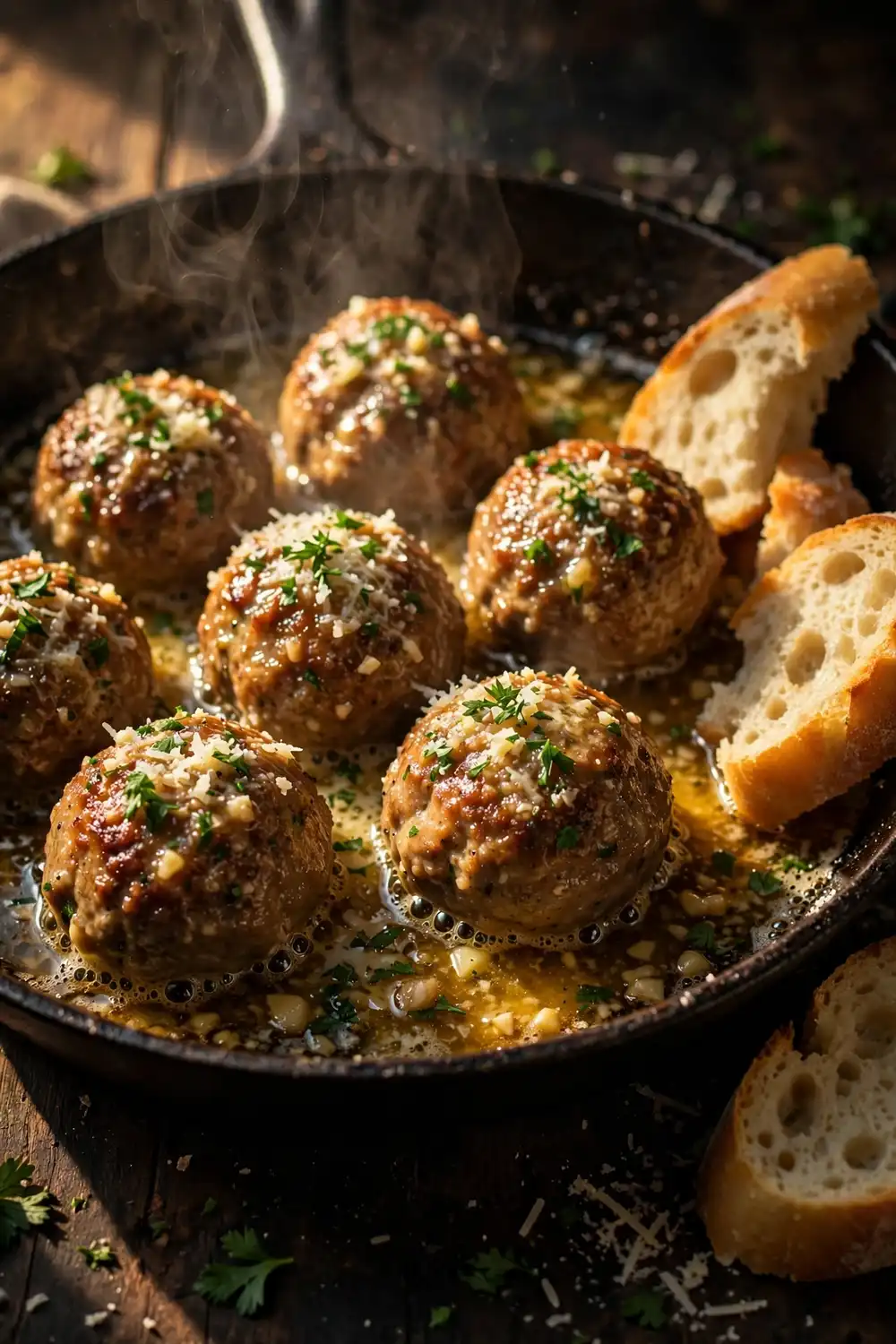 Golden garlic butter meatballs in a skillet with bread