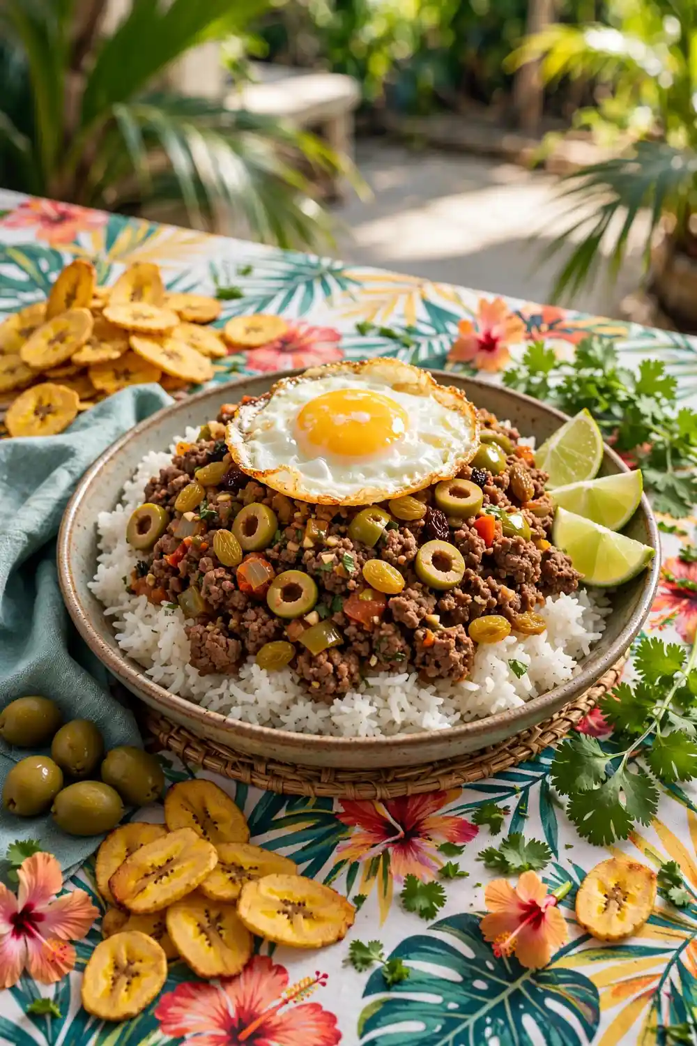 Cuban picadillo beef with raisins and olives over rice
