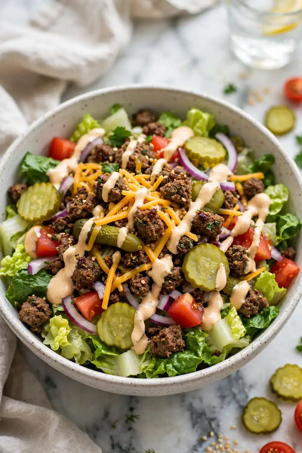 Loaded burger bowl with seasoned beef and fresh vegetables