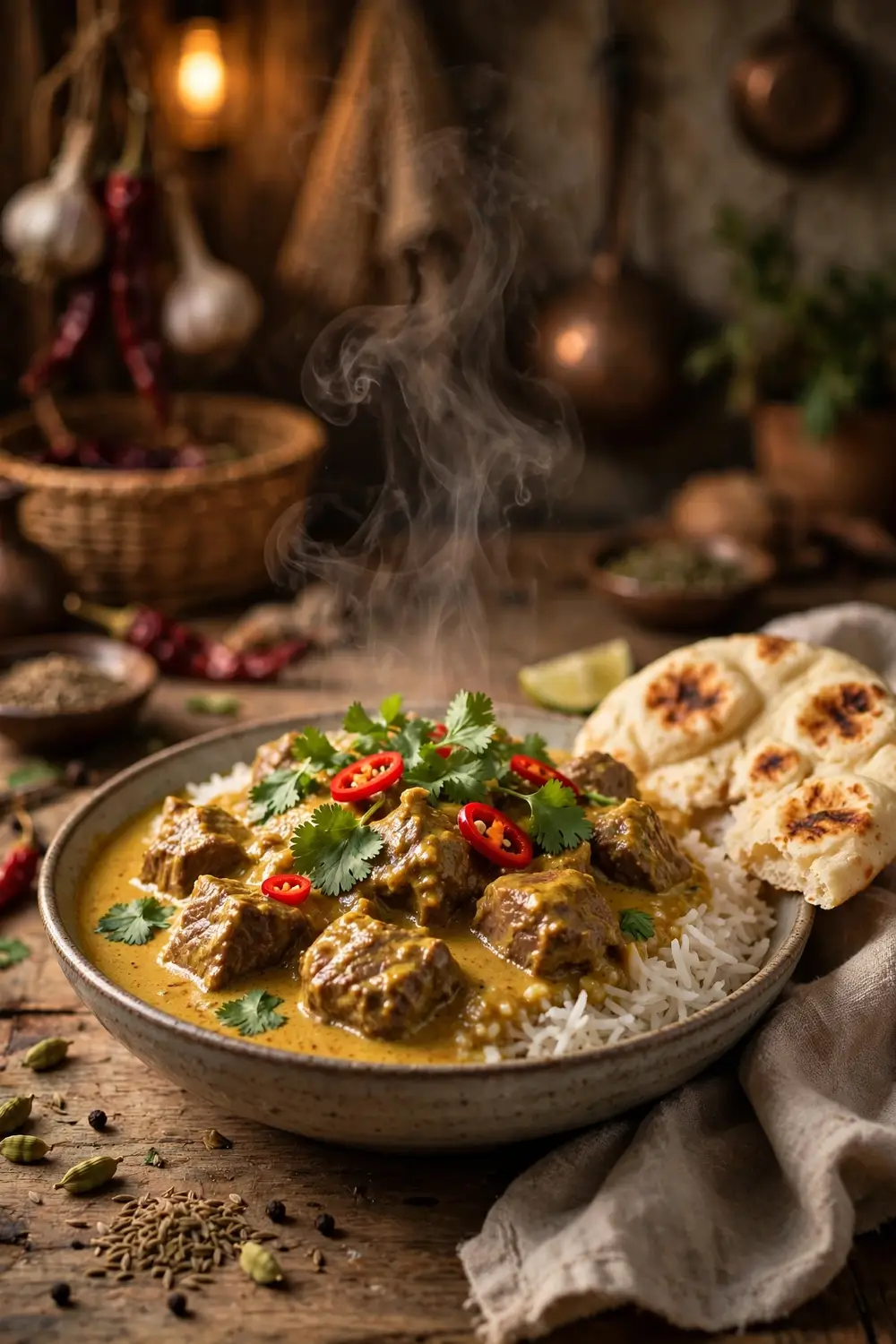 Beef curry in coconut milk sauce over basmati rice