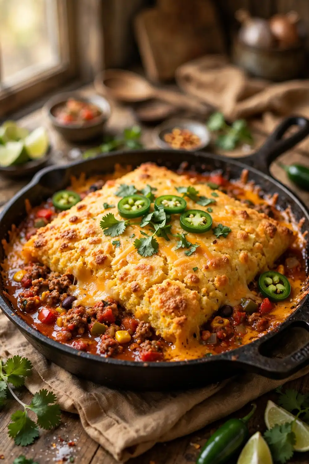 Tamale pie with cornbread crust over zesty beef filling