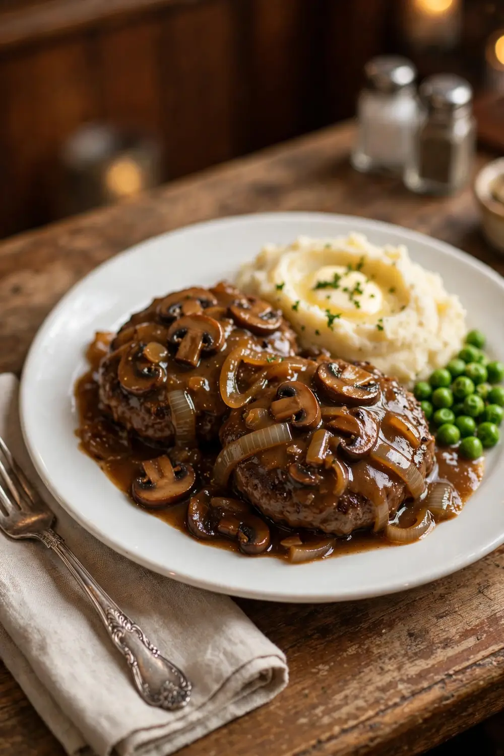 Salisbury steak patties in onion mushroom gravy with potatoes