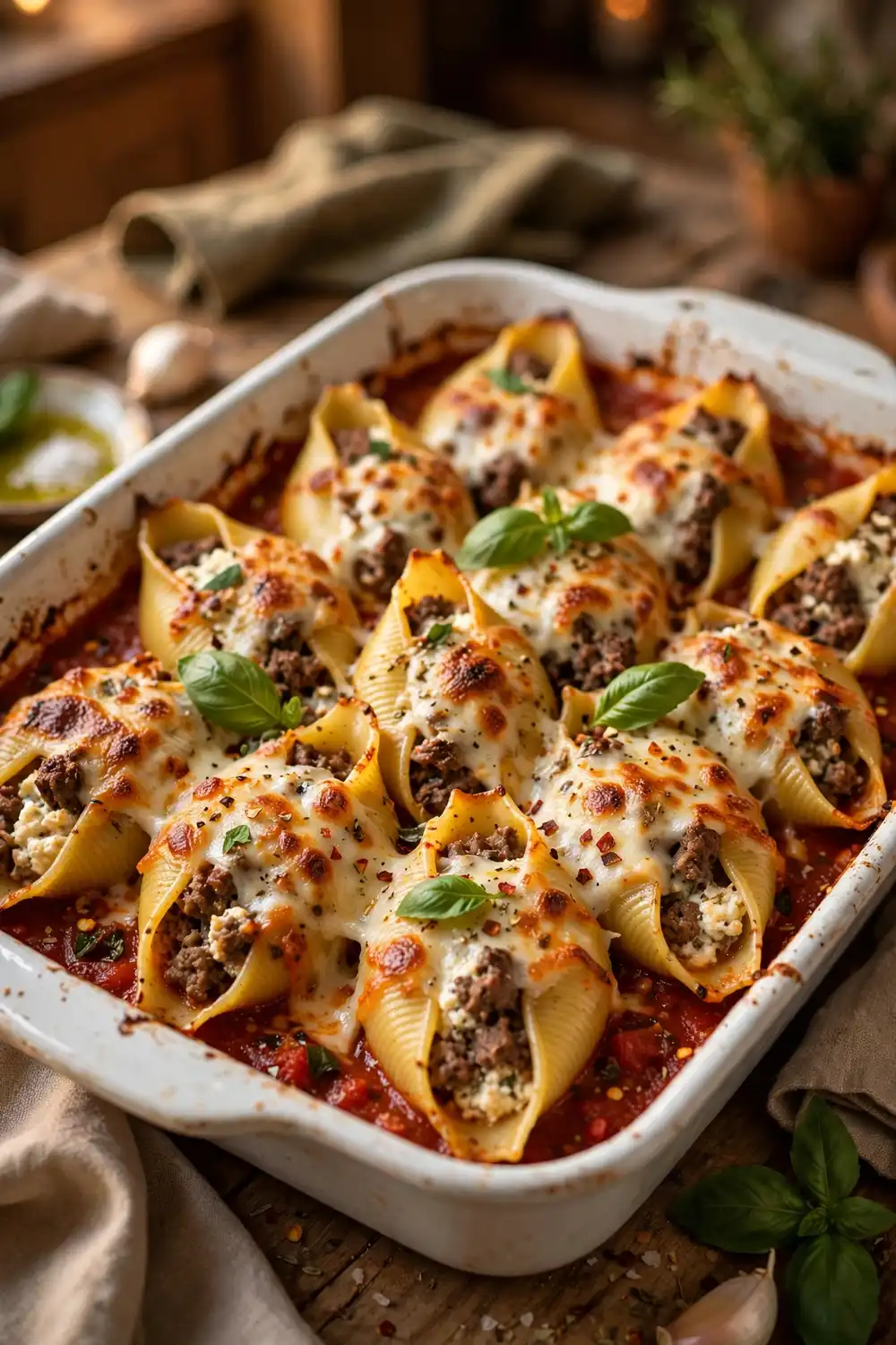 Jumbo pasta shells stuffed with beef and ricotta in marinara