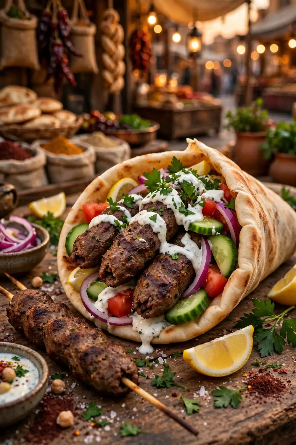 Grilled beef kofta skewers wrapped in warm pita