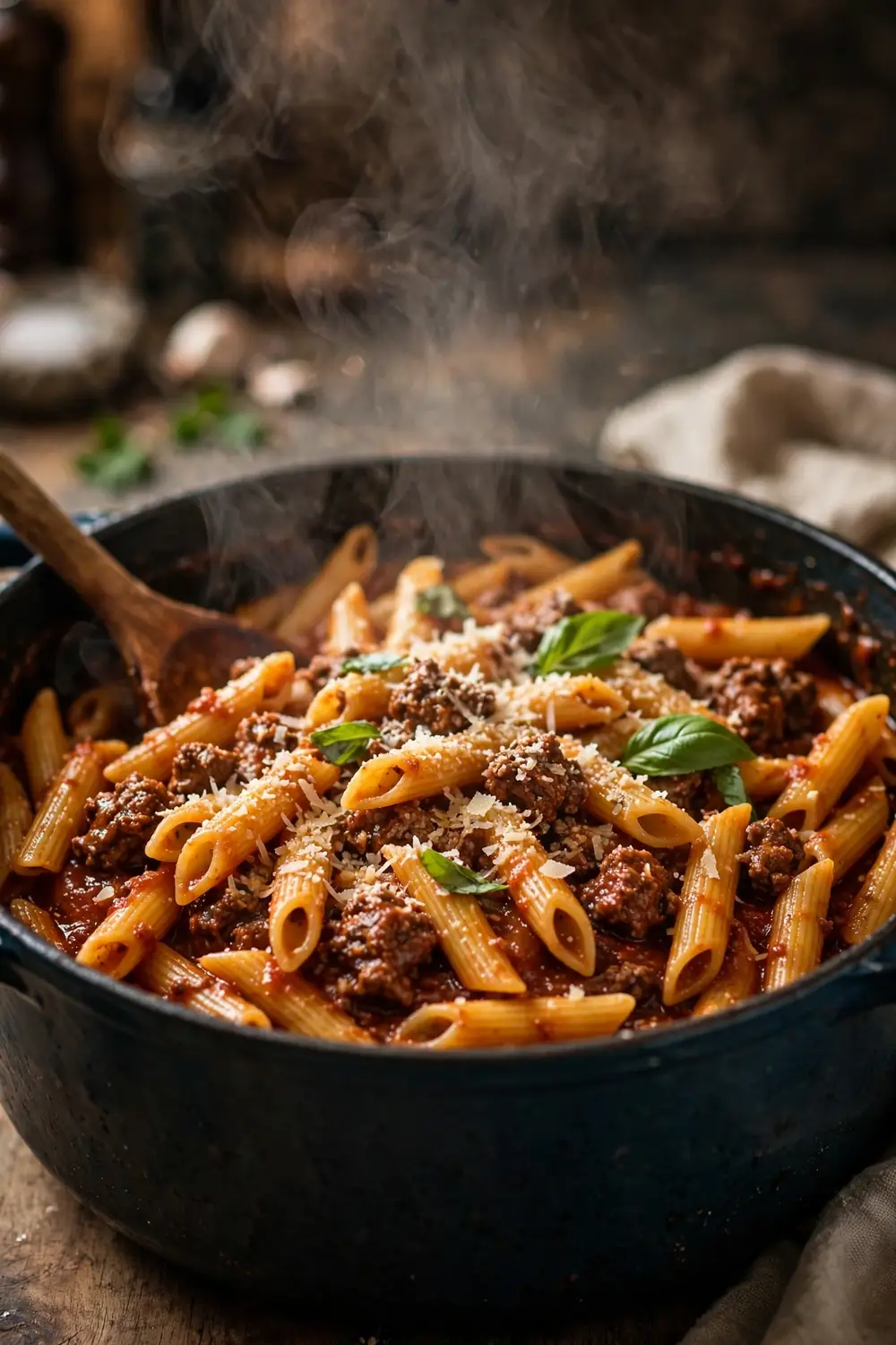 One pot beef pasta with penne in savory tomato sauce