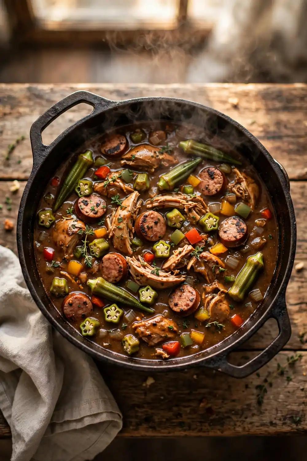 Classic Creole style Southern stew pot with chicken and sausage