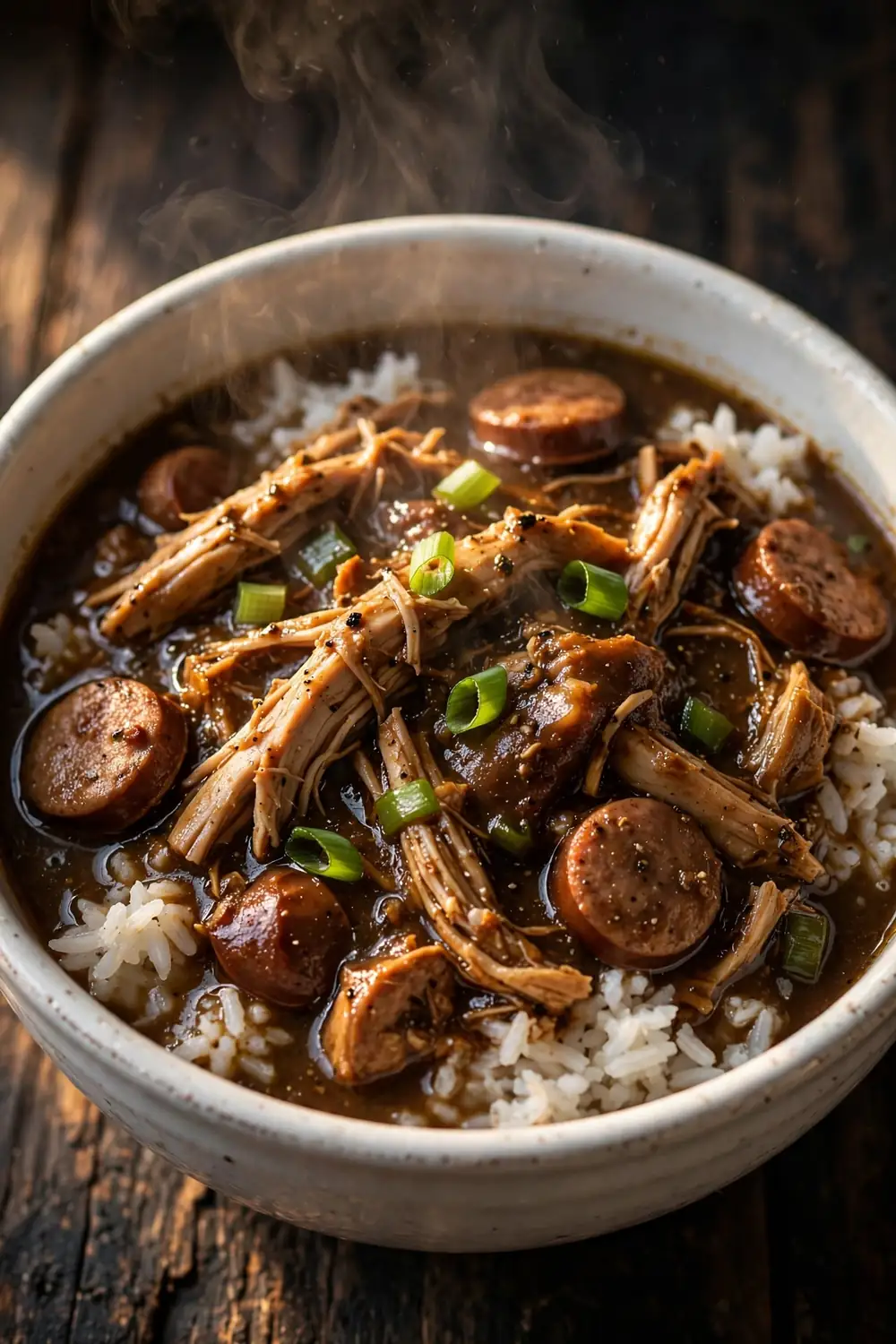 Smoky chicken Southern stew bowl over white rice