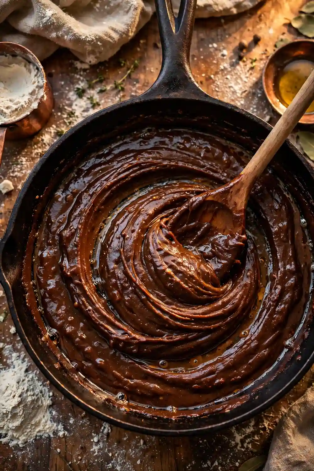 Dark roux being stirred in a cast iron skillet