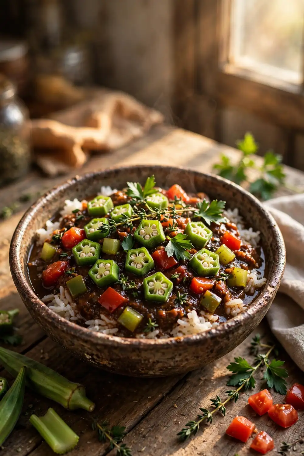 Okra thickened Southern stew with fresh vegetables