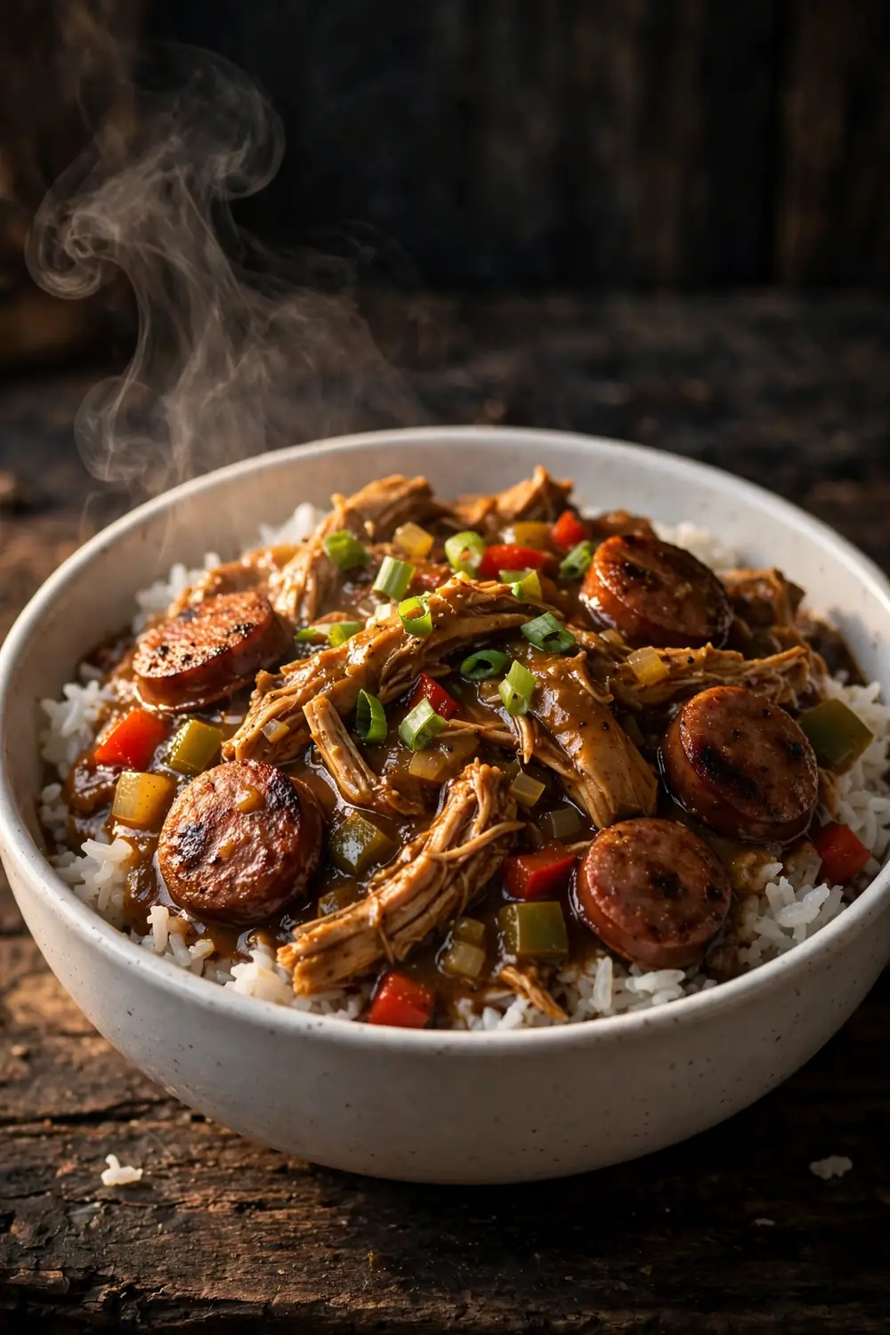 Sausage Southern stew served over rice bowls