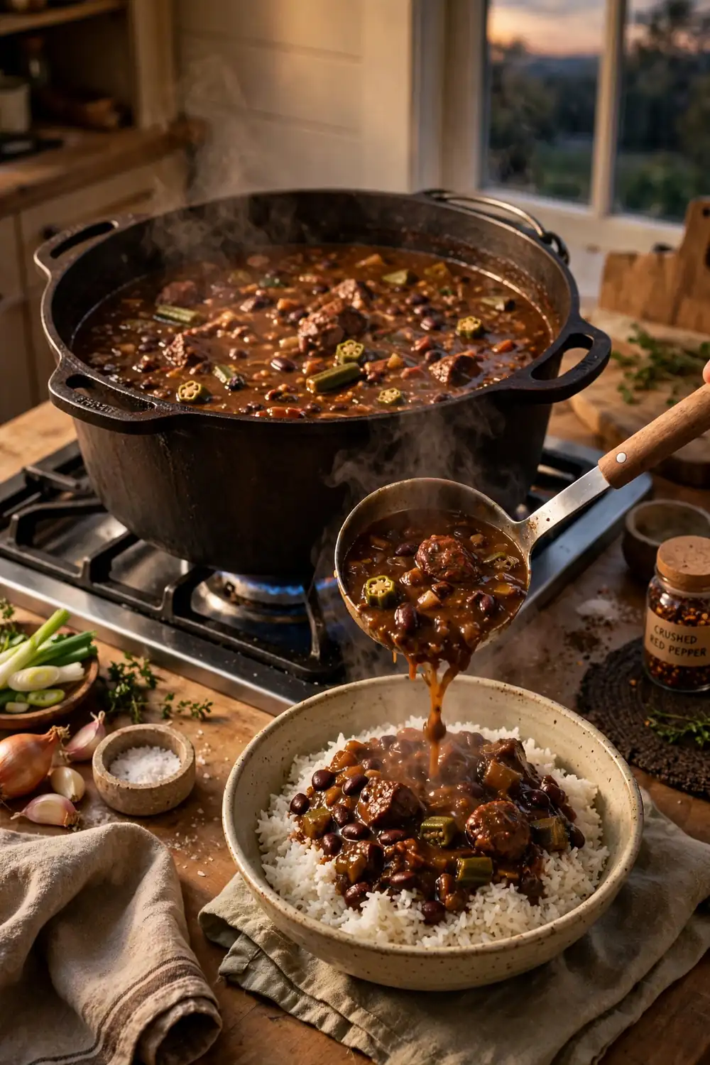 Weeknight one pot Southern stew being ladled