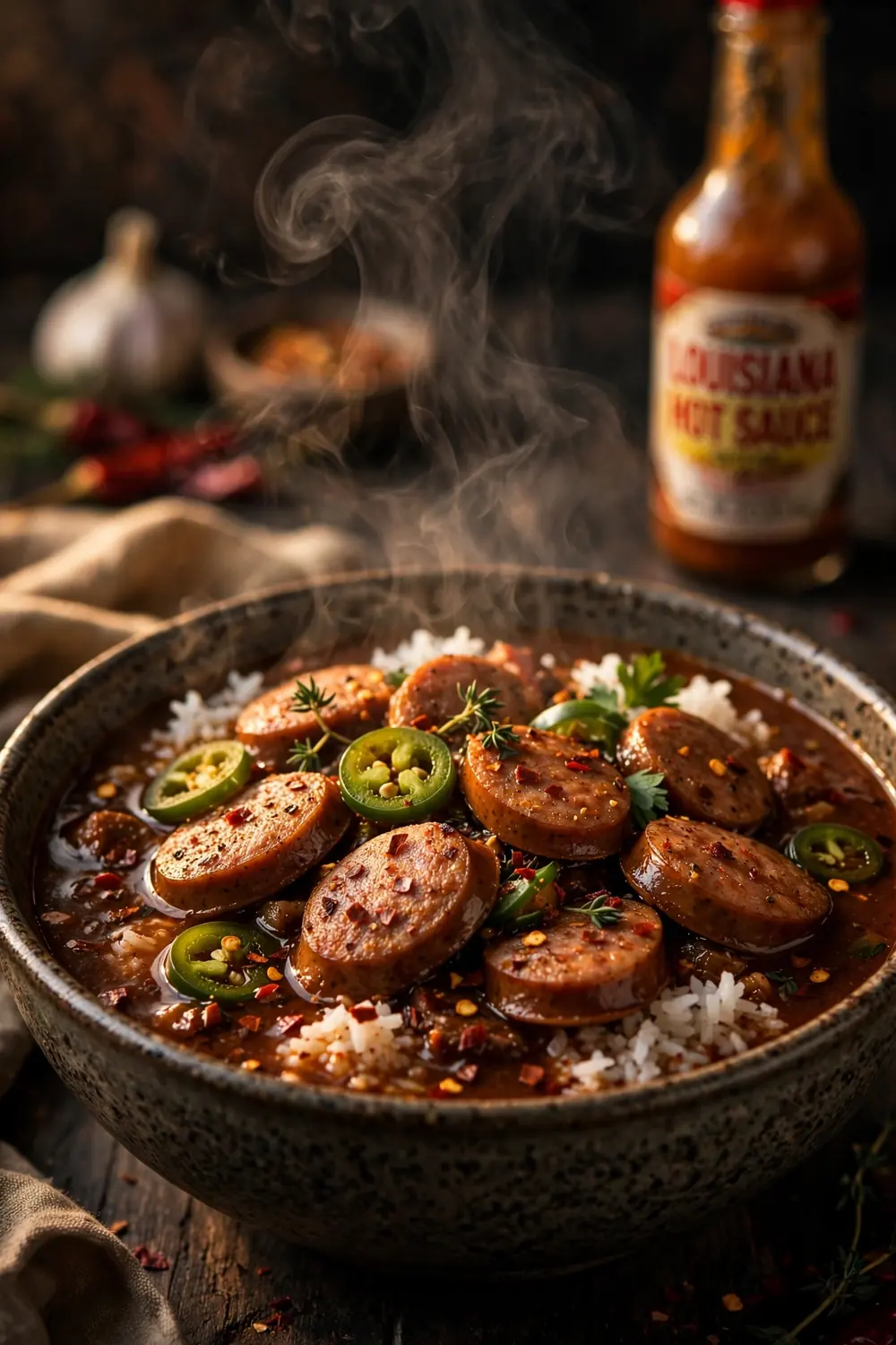 Spicy andouille Southern stew with red pepper flakes