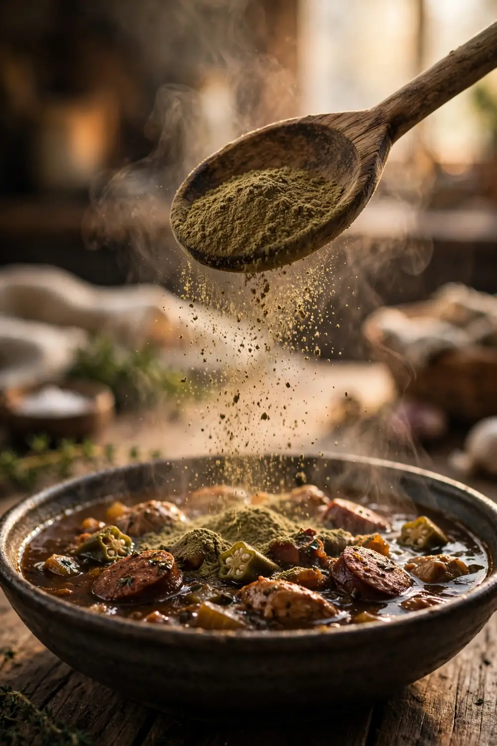 Filé powder being dusted over Southern stew