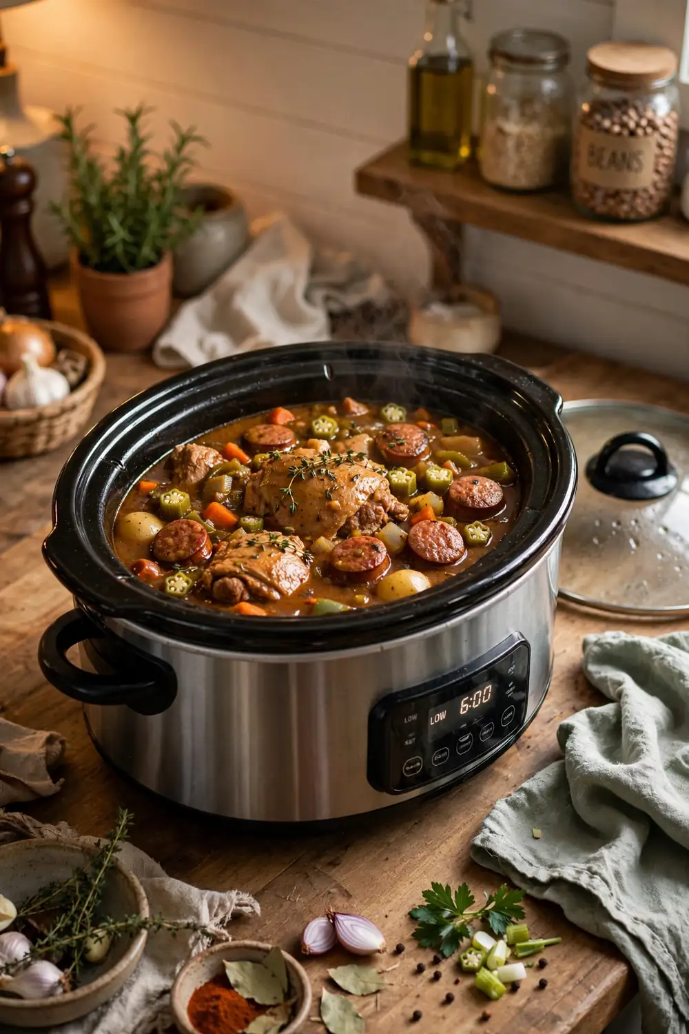 Slow cooker filled with Southern stew