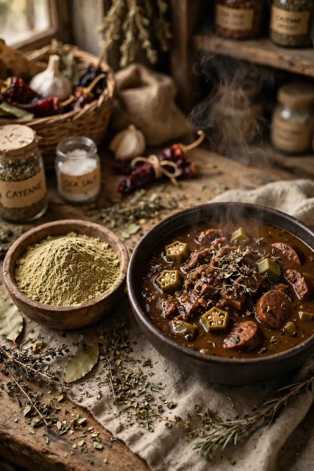 Sassafras filé powder beside Southern stew bowl