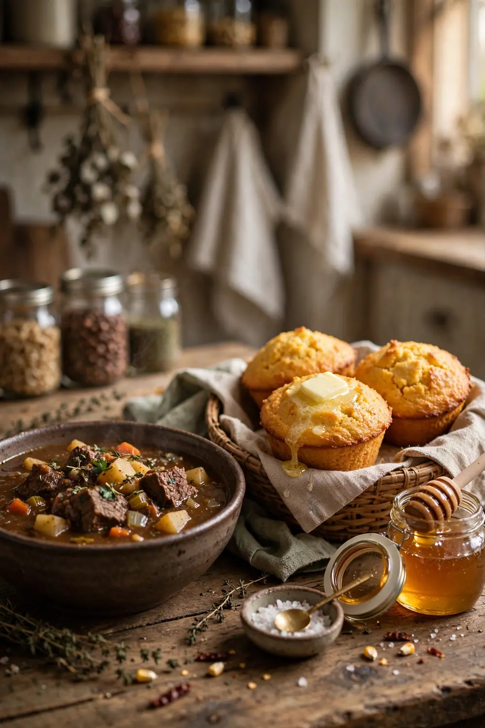 Southern stew bowl with cornbread muffins