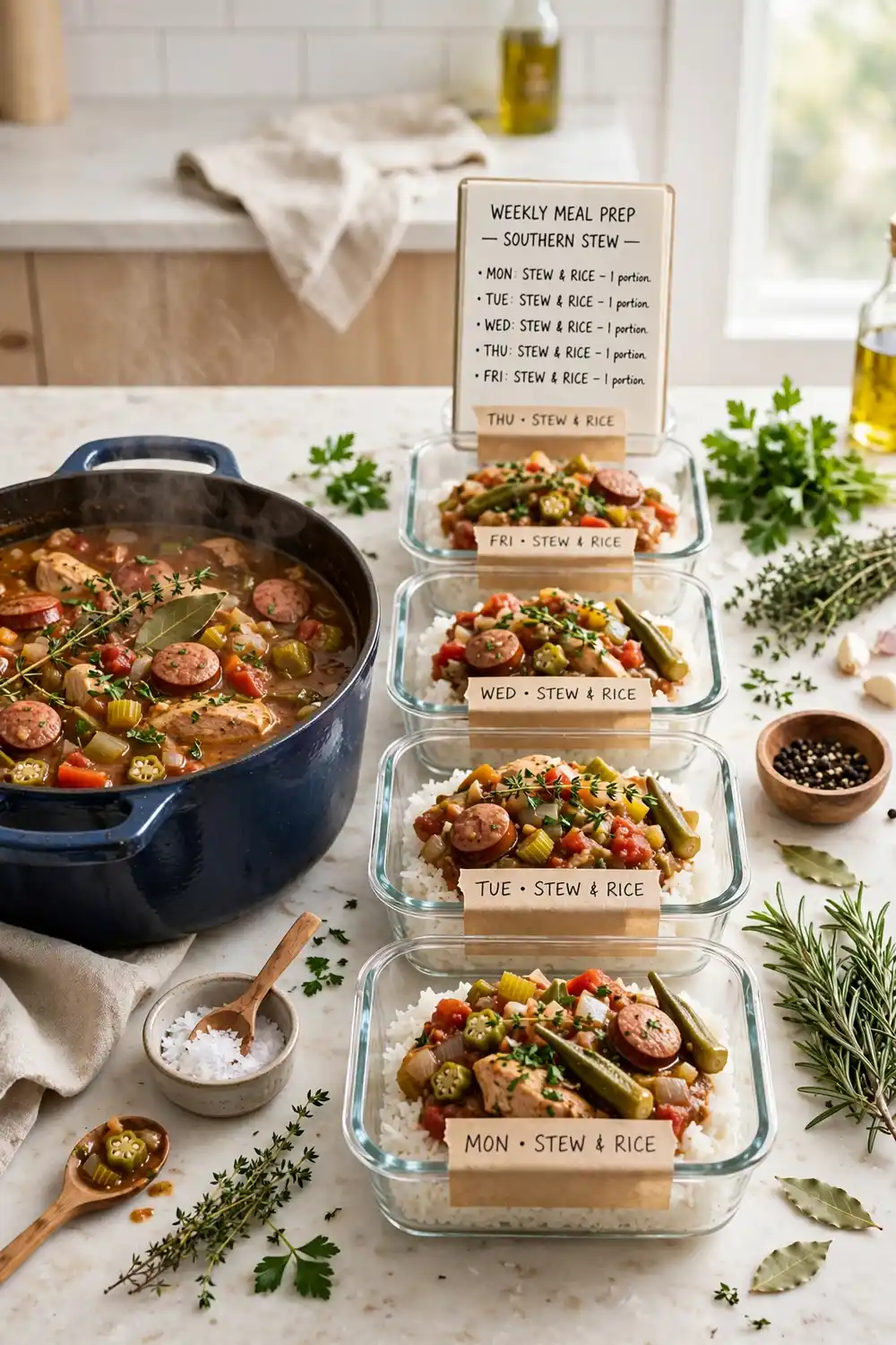 Make ahead Southern stew meal prep containers