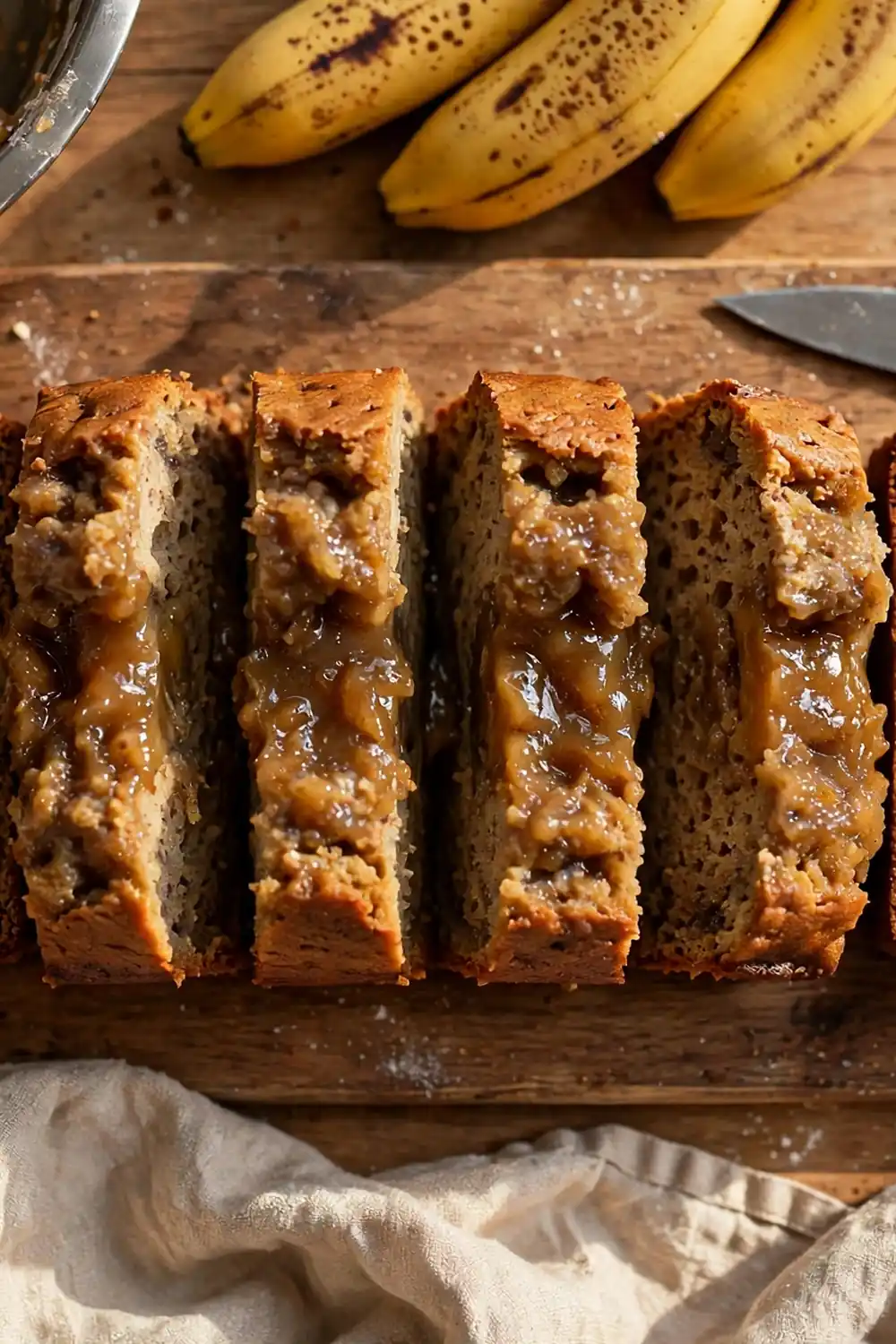 Sliced banana bread loaf with a gummy wet center on a wooden board