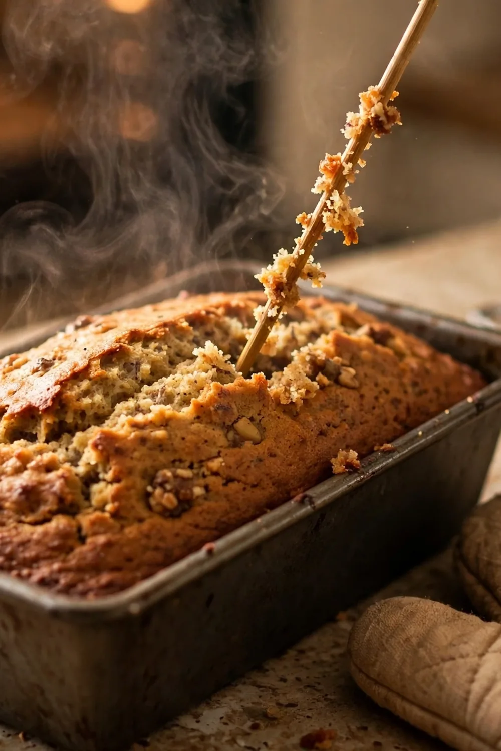 Wooden skewer testing the center of a golden banana bread loaf