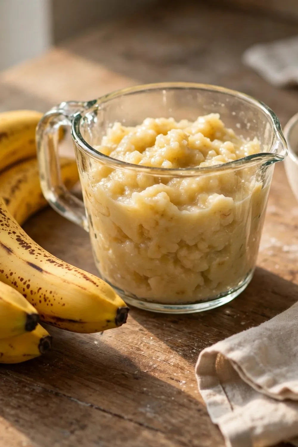 Ripe bananas beside a measuring cup of mashed banana