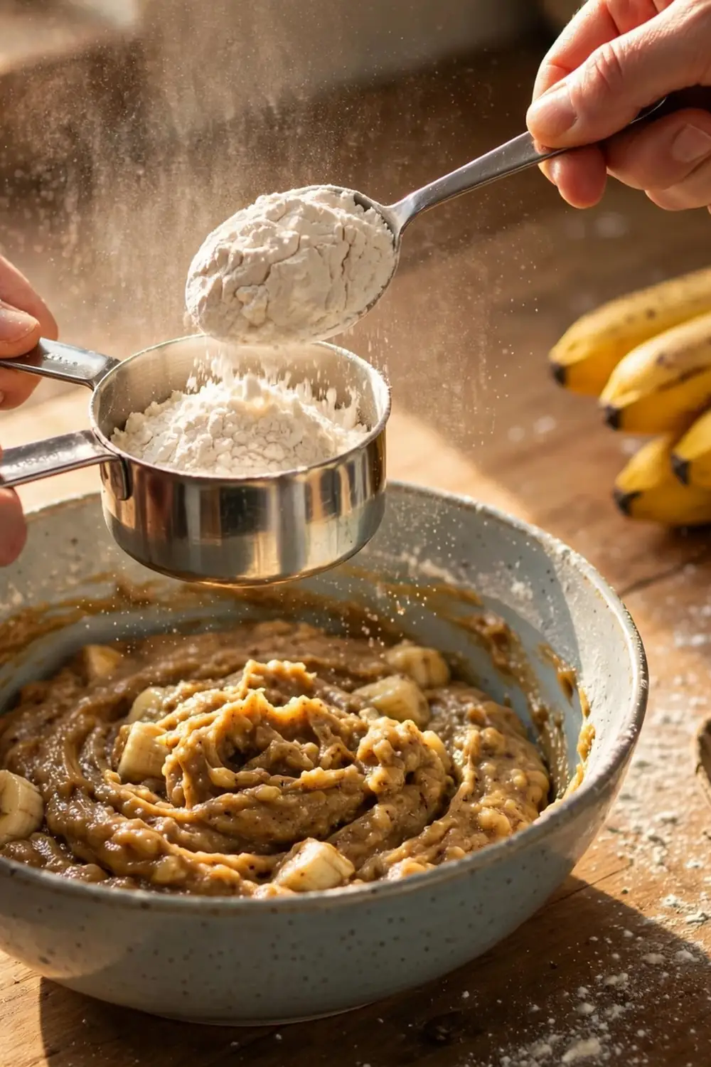 Hands spooning flour into a measuring cup over banana bread batter