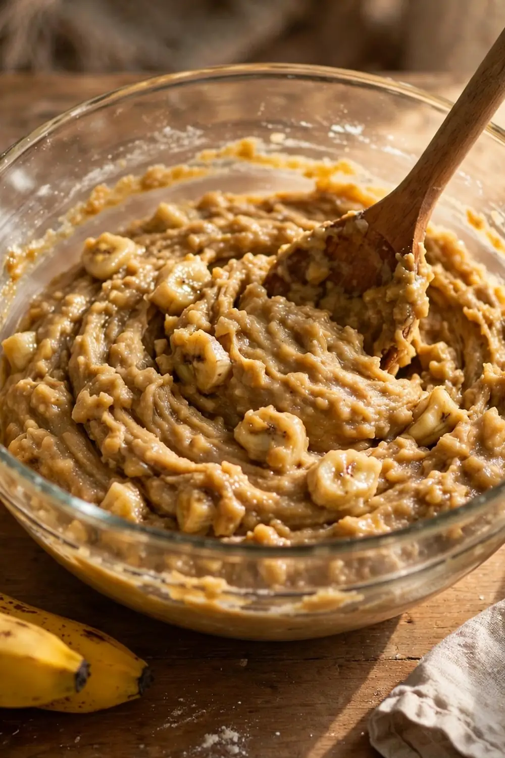 Wooden spoon folding thick banana bread batter in a glass bowl