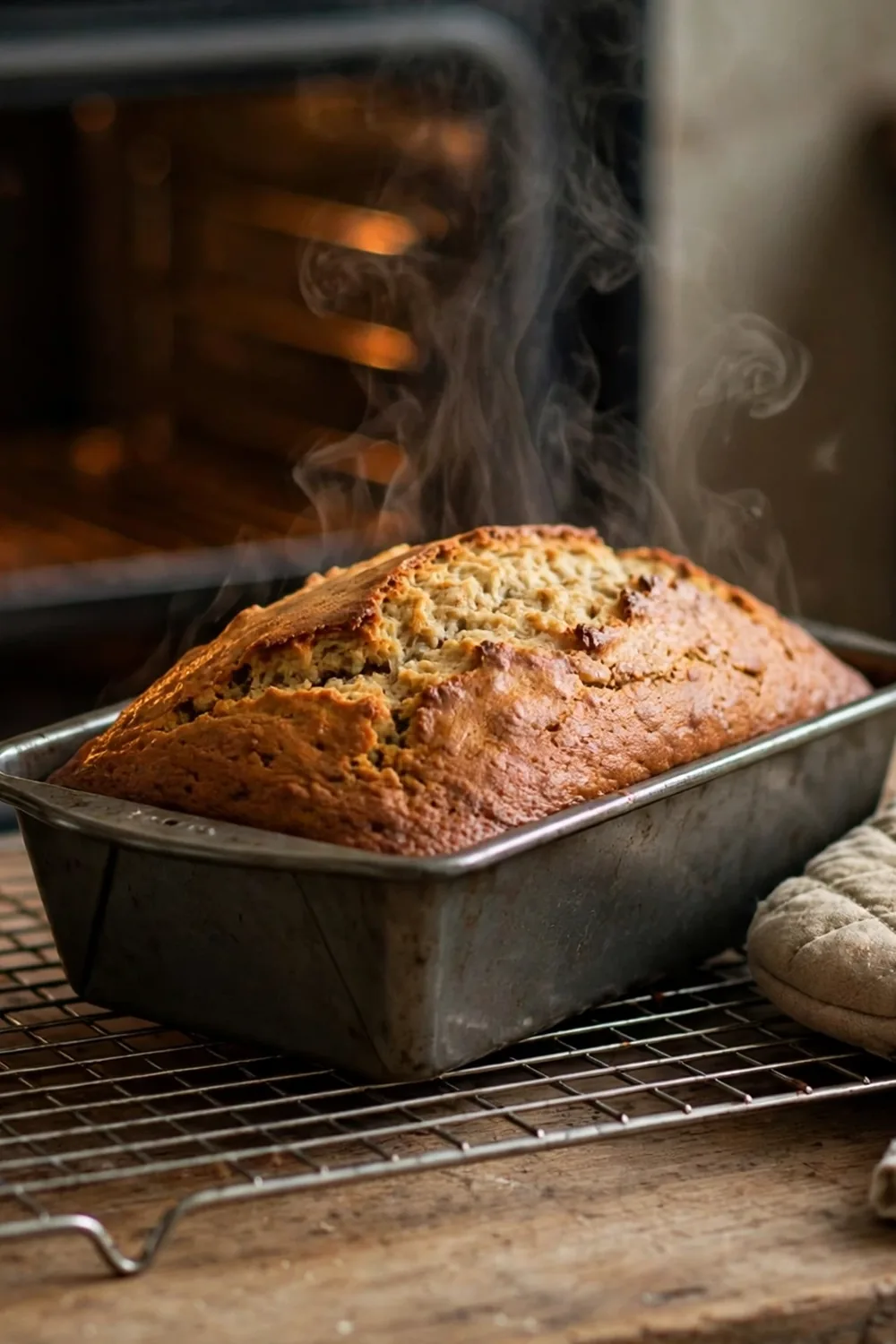 Oven thermometer beside a golden banana bread loaf in a pan