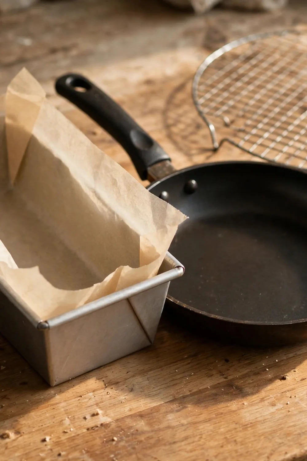 Light metal loaf pan lined with parchment beside a dark pan