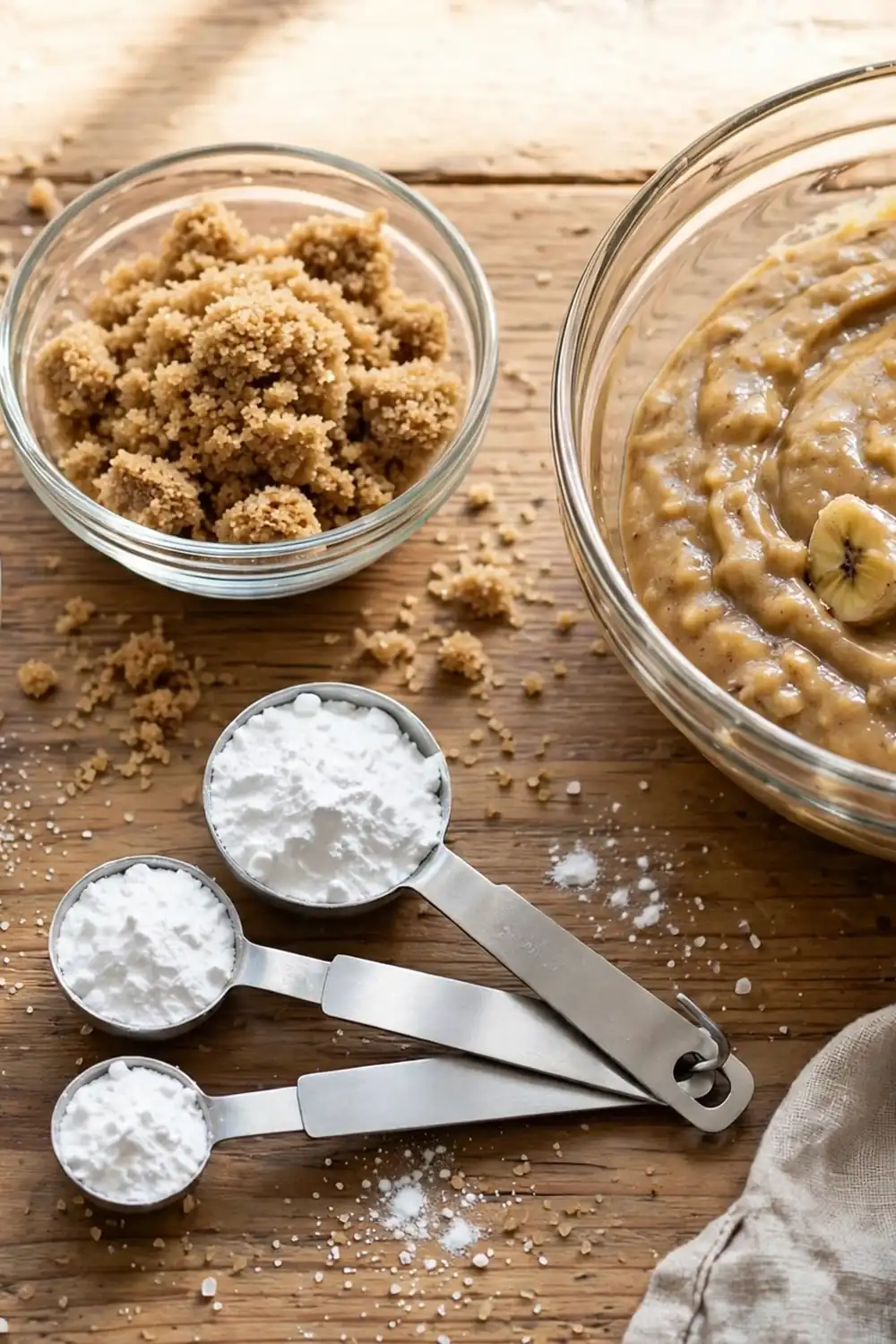 Bowls of white and brown sugar with baking soda beside batter
