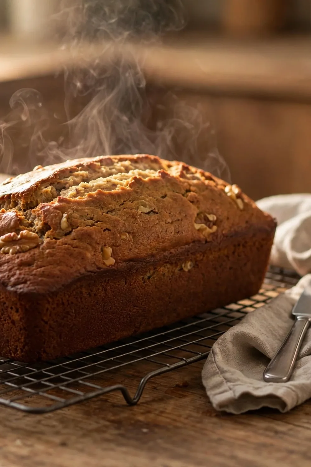 Banana bread loaf cooling on a wire rack with a knife beside it